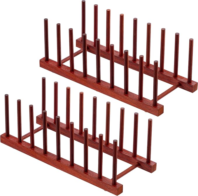 HBlife 2pcs Rosewood Wooden Dish Drying Rack - Home and Kitchen Organizer for Cups, Bowls, Pots, Lids, Cutting Boards & Plates Space-Saving for Cabinets Counters (8 Slots)