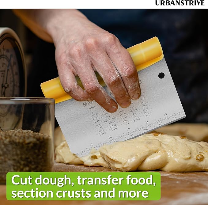 Urbanstrive Bench Scraper for Baking, Stainless Steel Dough Cutter and Scraper Tool Kitchen, Kitchen Scraper Food Scraper Tool Pizza Cutter Food Chopper, Multi-Purpose Kitchen Gadgets, Yellow