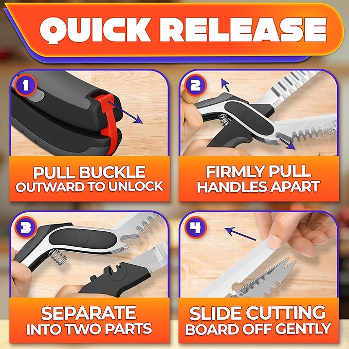 Cutting Board Scissors for Food – 6-in-1 Kitchen Shears with Ribbed Blade, Automatic Spring & Safety Lock, Dishwasher Safe – Cheese Scissors for Easy Slicing of Meat, Fish, Veggies, Fruits & Bread