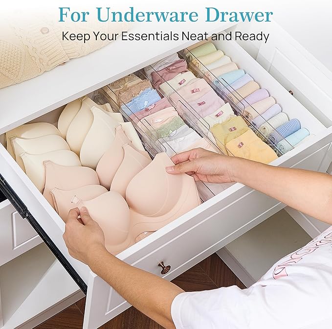 Vtopmart 8 Pack Drawer Dividers for Clothes, 4" High 13"-22" Adjustable Expandable Dresser Drawer Organizer, Clear Plastic Separators for Dresser, Baby Clothing, Underwear, Cosmetic, Toiletries