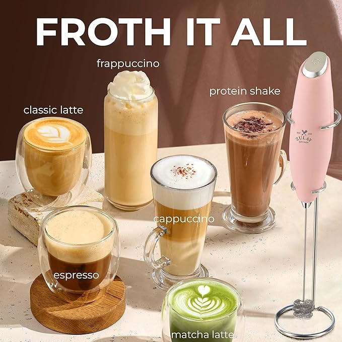 Zulay Kitchen Powerful Milk Frother Wand With Duracell Batteries - Ultra Fast Handheld Drink Mixer - Electric Whisk Foam Maker for Coffee, Lattes, Cappuccino & Matcha - Triple Whisk - Peach Pink