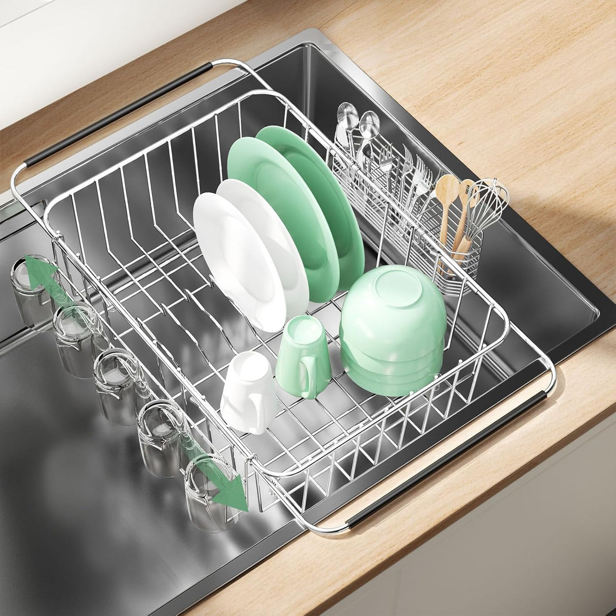Dish Drying Rack in Sink, ExtendableStainless Steel Dish Drainers for KitchenCounter, Anti-Rust Dish Dryer Rack withUtensil & Cup Holders, for Inside Sink, Over The Sink