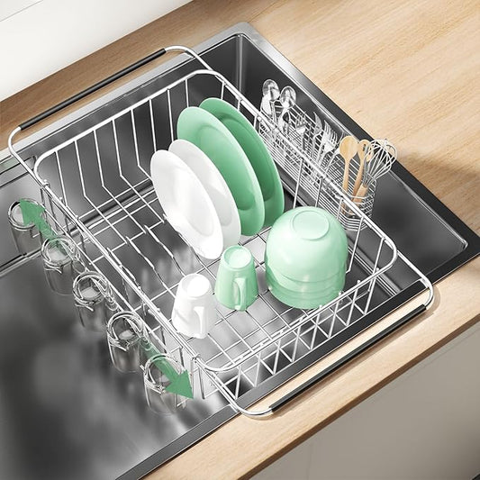 Fanbsy Dish Drying Rack in Sink, Extendable Stainless Steel Dish Drainers for Kitchen Counter, Anti-Rust Dish Dryer Rack with Utensil & Cup Holders