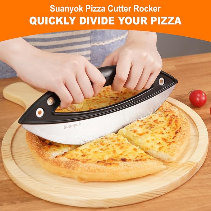 Suanyok Premium Pizza Cutter Rocker Blade with Cover, 12" Stainless Steel Large Wheel Slicer-Food Vegetable Chopper Kitchen Gadgets, Black