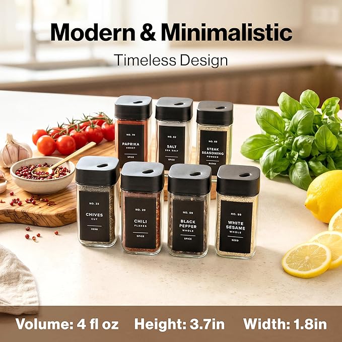 EDELHAUS Square Glass Spice Jars with Label and Black Rotating Lids (24 x 4oz) Spice Containers with 240 Labels, Shaker Inserts, Silicone Funnel, Empty Square Empty Square Seasoning Organizer