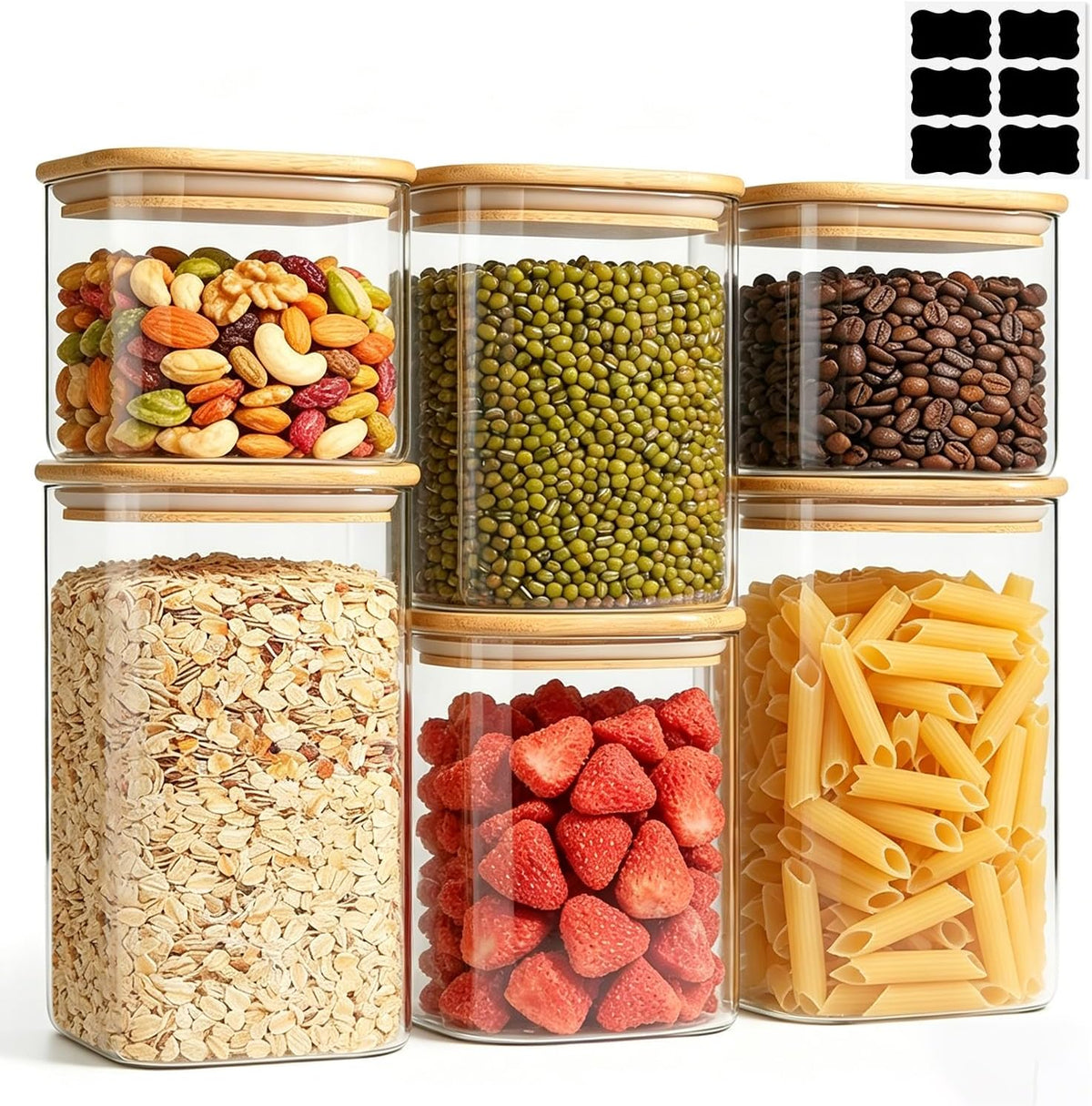 Glass Pantry Storage Containers (0.7qt/1.2qt/1.6qt) Set of 6 Jars