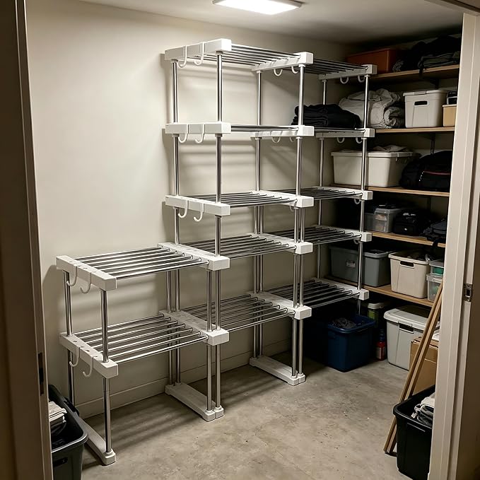 BLULEE Expandable Under Sink Organizer, No-Drill Adjustable Shelf for Heavy Laundry Supplies, Custom Fit Around Pipes Cabinet Rack for Bathroom Vanity and Kitchen Pantry