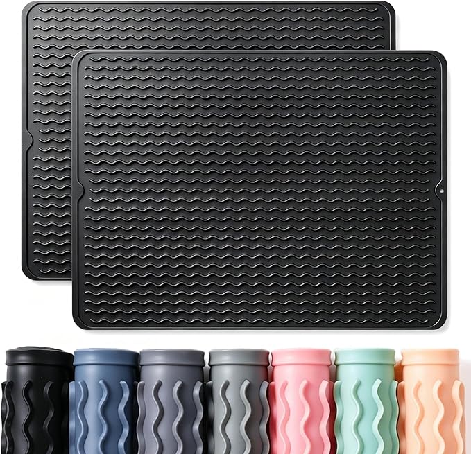CAKETIME 2 Pack Silicone Dish Drying Mat for Kitchen Counter Under Sink Protector Organizers Cooking Baking Espresso Machine Accessories Appliance Stone Rack Trays Drain Extra Large 24"x18" Black