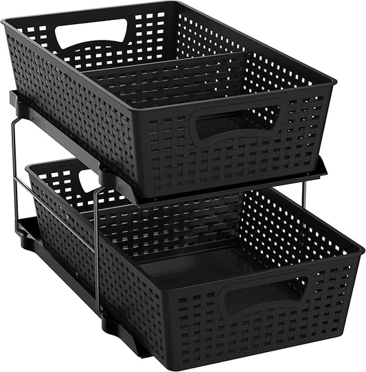 Simple Houseware 2 Tier Bathroom Organizer Tray Pull-Out Sliding Drawer, Black