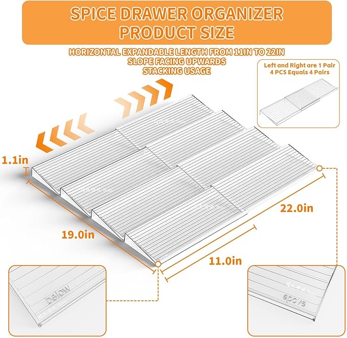 Yieach 8 Pack Adjustable In Drawer Spice Organizer - Expandable From 11'' to 22'' - Acrylic Drawer Seasoning Organizer,Clear Spice Organization Tray for Cabinet Drawers Condiment,Nail Polish and Jar