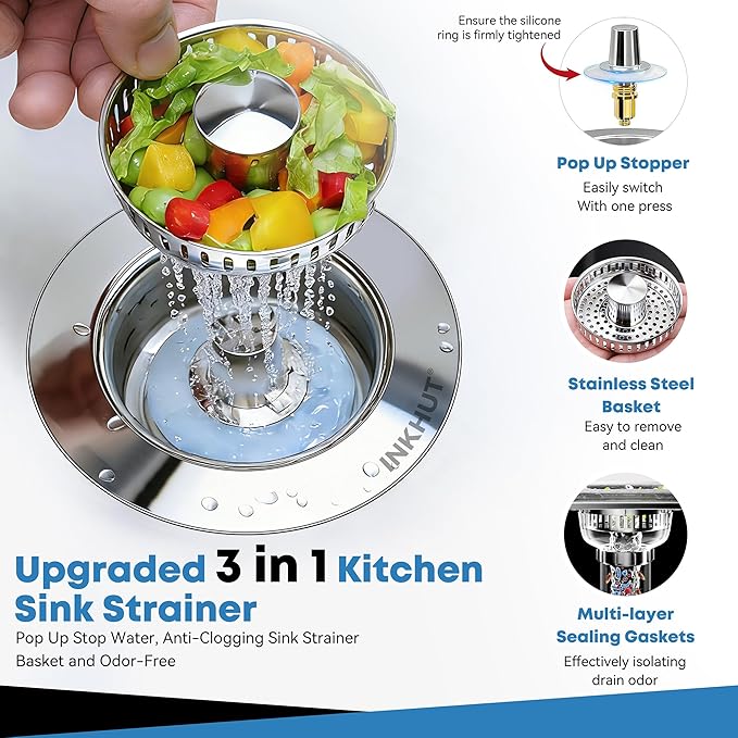 Upgraded 3 in 1 Kitchen Sink Drain Strainer - Stainless Steel Sink Stopper, Anti-Clogging Food Catcher Basket, Sink Bounce Core Drain Strainer Plug for US Standard 3 1/2 inch Drain (Mirror Silver)