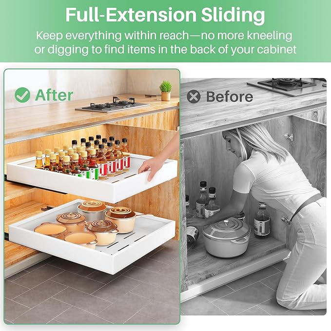Pull Out Cabinet Organizer with Nano Adhesive, Heavy Duty Full-Extension Slide-Out Drawer for Kitchen Cabinet Organizers and Storage, No Drill Roll out Pantry Shelf, 11.8"W x 16.9"D x 3.1"H , White