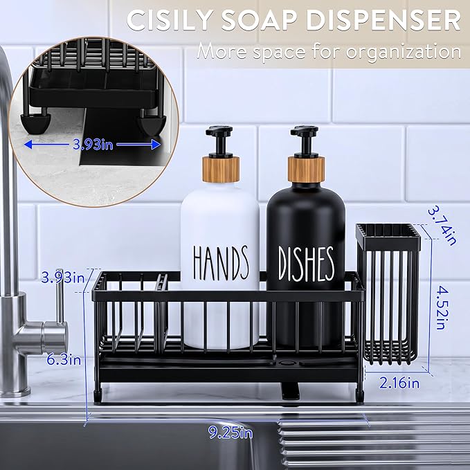 Cisily Kitchen Soap Dispenser Set with Sink Caddy, Glass Bottle, Hand and Dish Soap Dispenser Set with Sponge Holder (Black & White Round Bottles + Black Sponge Holder)