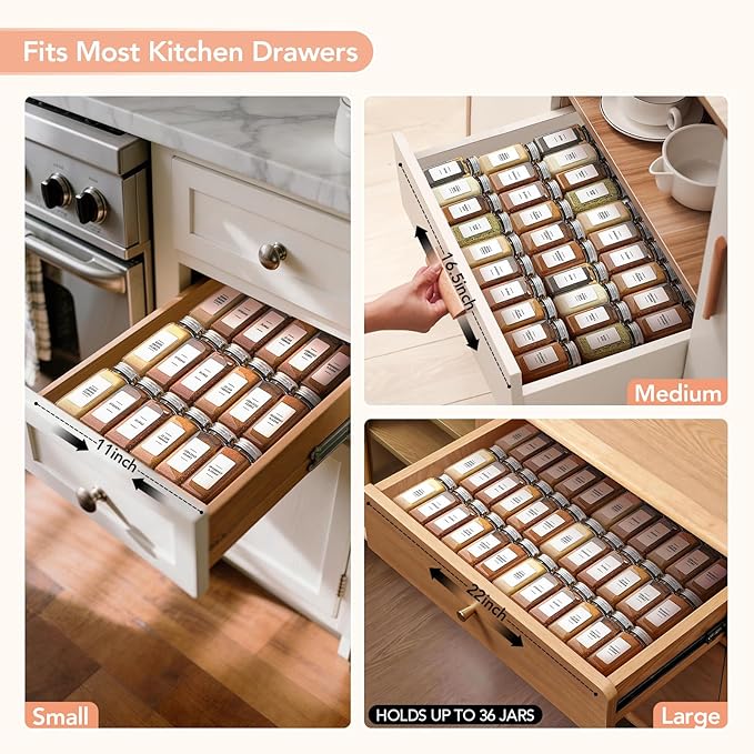 Adjustable 3-Tier Drawer Spice Organizer – Thick Plastic, Non-Slip, Fits 11"-22" Kitchen Drawers, Includes Labels & Funnel (No Jars)
