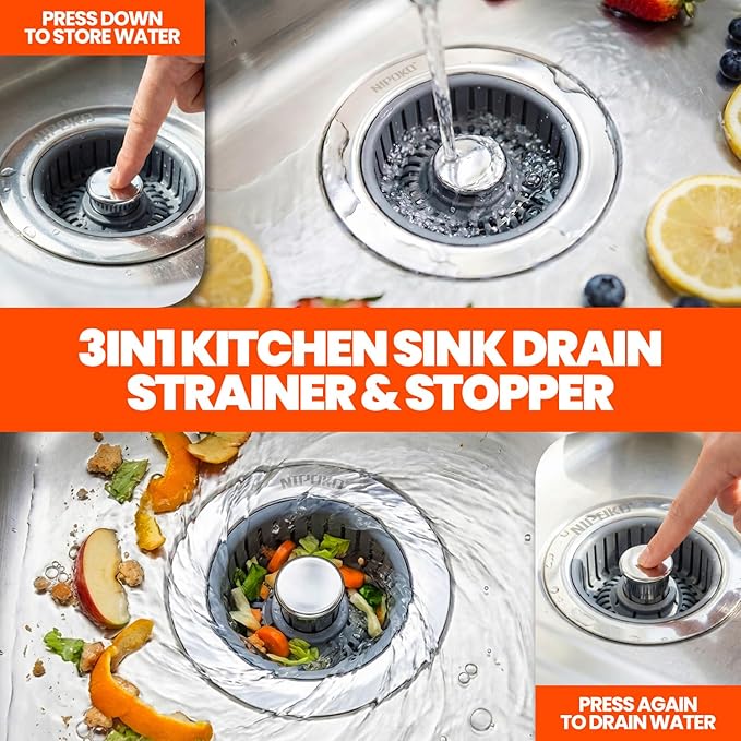 2 Pack Sink Drain Strainer - Sink Stopper, 3 in 1 Stainless Steel Kitchen Drain Plug with Deep Anti-Clog Basket and Odor-Blocking Seal, Pop-Up Design Fits Standard 3-1/2 Inch Sink
