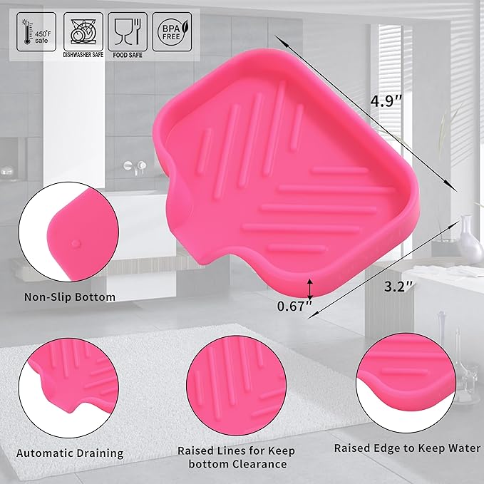 MicoYang Silicone Soap Dish with Drain Spout, Self-Draining Sink Organizer Tray for Bathroom and Kitchen, Sponges, Dispensers and Soap Holder, Non-Slip and Dishwasher Safe, Rose (Compact, 4.9"×3.2")