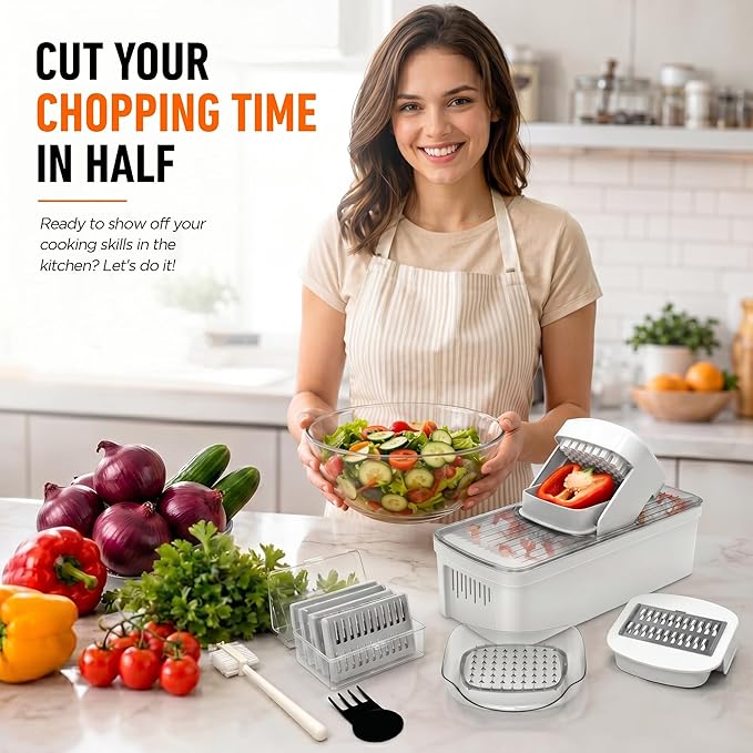 7-in-1 Vegetable Chopper – Mandoline Slicer Dicer with Container, Easy Tap Chop Food Cutter, 7 Interchangeable Blades for Onion Potato Cucumber, Kitchen Essentials Gift