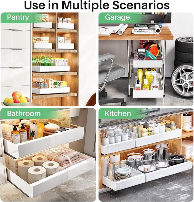 Pull out Cabinet Organizer, 6-pack, Expandable(12"-20") Heavy Duty Slide out Drawers Fixed with Adhesive Nano Film for Pots, Roll out Shelf Storage for Kitchen Base Cabinet Organization(3 Rails)