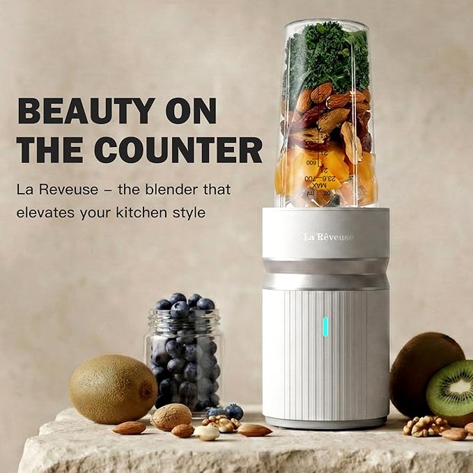 La Reveuse Smoothie Blender for Shakes,Smoothies,Frozen Blending,Salsa,Sauces,Dips,(1) 24oz Cup,(1) Spout Lid,(1) Handled Comfort Lip Ring,1000W,Cool Gray