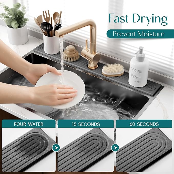 eormoe 30 inch Kitchen Faucet Absorbent Mat - Diatomaceous Earth Splash Guard for Sink Faucet, Aesthetic Water Absorbing Stone Tray in The Modern Home (30" x 3.9", Dark grey)