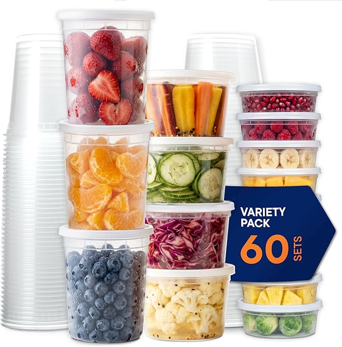 Stack Man [60-Sets] Plastic Deli Food Storage Containers with Airtight Lids Combo Set | 32 oz | 16 oz | 8 oz. | Disposable Plastic Takeout Containers for Soup - Freezer, Microwave and Dishwasher Safe