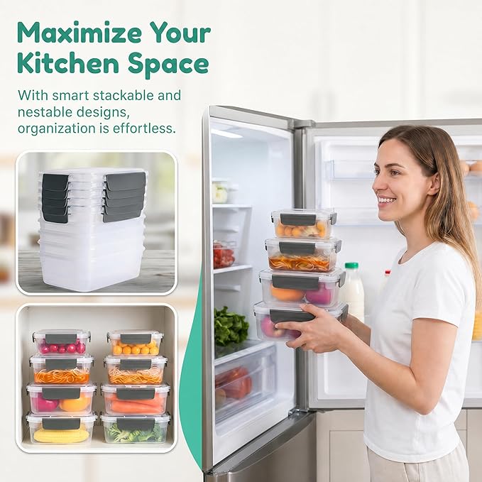 YORY 3 cup Plastic Food Storage Containers with Lids Nestable Freezer Dishwasher Safe Rectangle Container Set,5-Pack