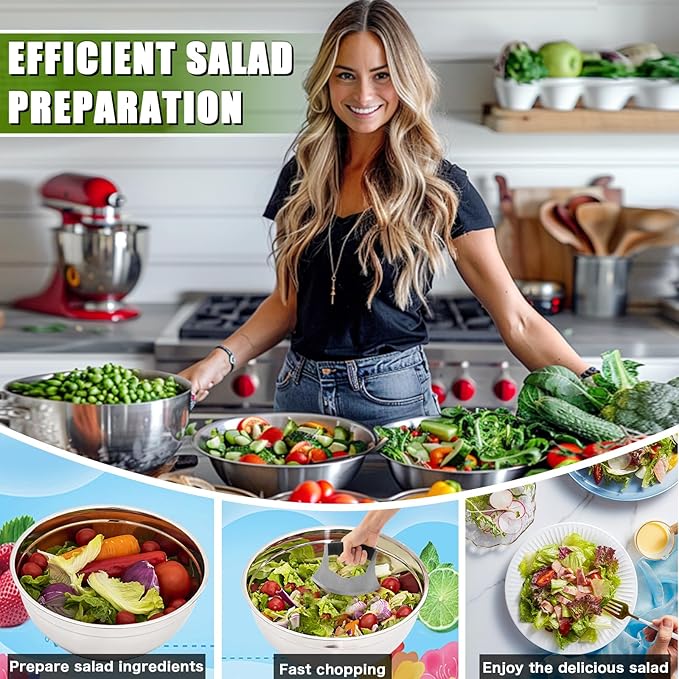 ZMCYNG Salad Chopper Bowl - Stainless Steel Salad Chopping Bowl, Sala d Chopper Bowl and Cutter with Lid, Chef Grade Salad- Chopper Blade and Bowl, Mezzaluna Mincing Knife, Super-fast Sala d Prep