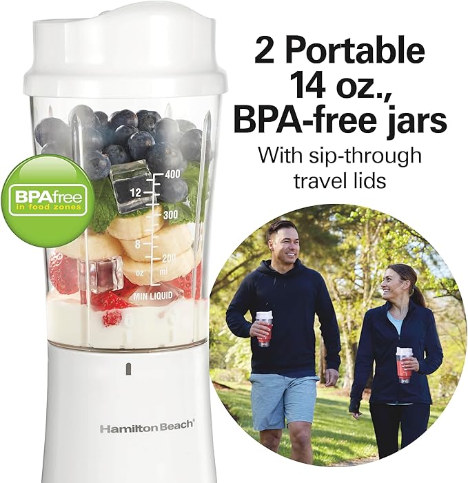 Hamilton Beach Portable Blender for Shakes and Smoothies,14 Oz BPA Free Travel Cup & Lid,Durable Stainless Steel Blades,Personal Smoothie Blender,2 Jars - White (51102V),(Pack of 2)