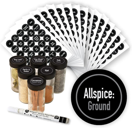 Ultimate Spice Label Set 525 Preprinted Water Resistant Round Spice Jar Labels Set 1.5" with Extra Fine White Paint Pen(Modern Black)