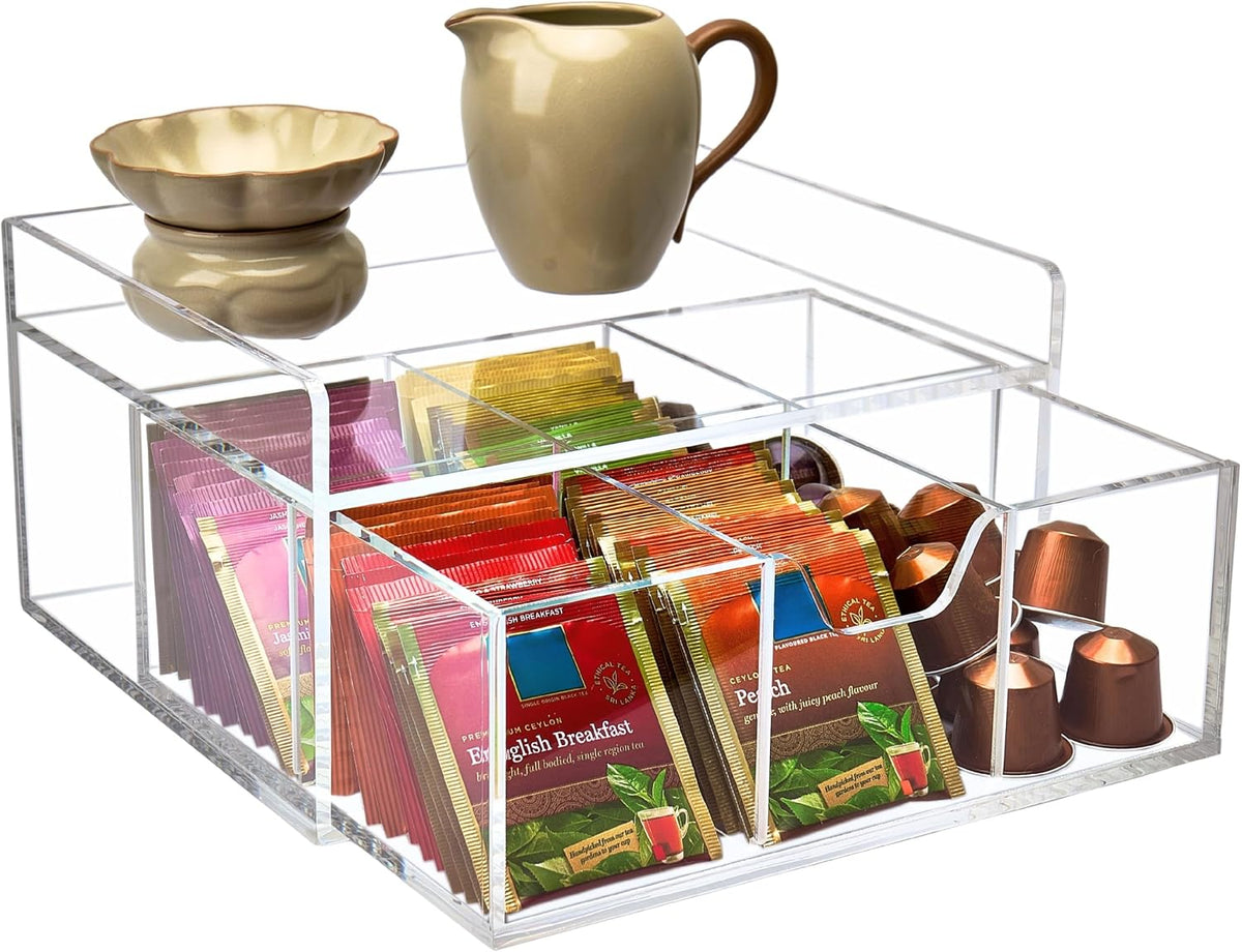 Heavy-Duty Acrylic Tea Station with 6-Compartment Drawer Organizer