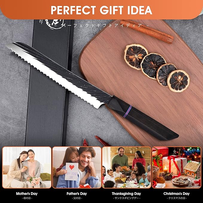 ROCOCO Sharp Serrated Bread Knife - Bread Cutter Slicer Knife Meat Cleaver for Home Kitchen 7.4" Birthday Father Mother Christmas Gift Idea