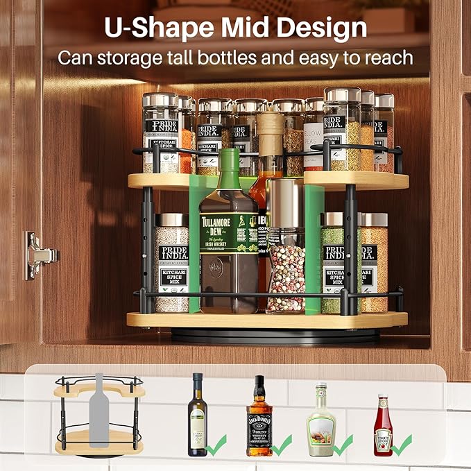 Lazy Susan Organizer Spice Rack - Spice Organization for Cabinet Height Adjustable Rotating Lazy Turntable, Pantry Kitchen Wood Revolving Seasoning Organizer (Natural, 12 Inch)