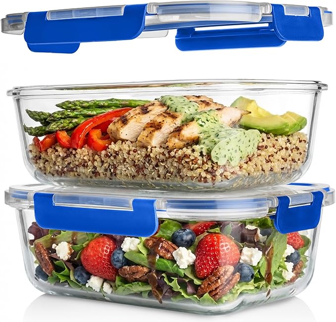 Razab 2 Pcs 1860ml / 63 Oz Large Glass Food Storage Containers with Lids - Glass Meal Prep Containers with Locking Lids for Roasting, Storing Leftover, Lunch Container, BPA Free, Microwave & Oven Safe