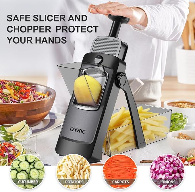 8 in 1 Mandoline Slicer for Kitchen, Vegetable Chopper, Potato Slicer, Fry Cutter Onion Chopper with Drain Basket Food Container with Lid, Stainless Steel Cheese Grater for Quick Meal Pre (Black)
