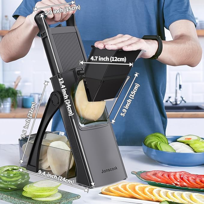 Jonscook All-in-1 Update Safe Mandoline Slicer for Kitchen, Food Chopper with Container, Thickness Adjustable Vegetable Chopper, Potato French Fry Cutter Tomato Apple Slicer Onion (BlackKnight)