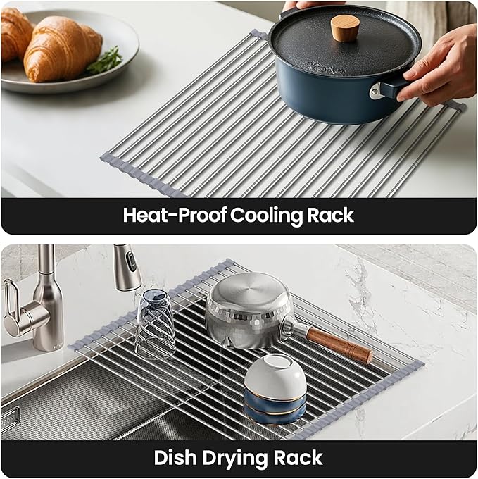 Dish Drying Rack Over The Sink with Roll Up for Kitchen,16.9''x15.7'',Gray