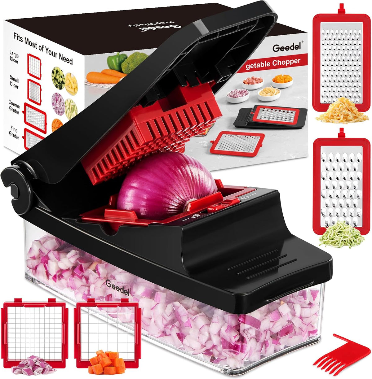 Vegetable Chopper, Onion Chopper Pro Food Chopper, Kitchen Vegetable Slicer Dicer Cutter Grater, Veggie Chopper with container for Salad Onion Potato Carrot (4 in 1, Red)