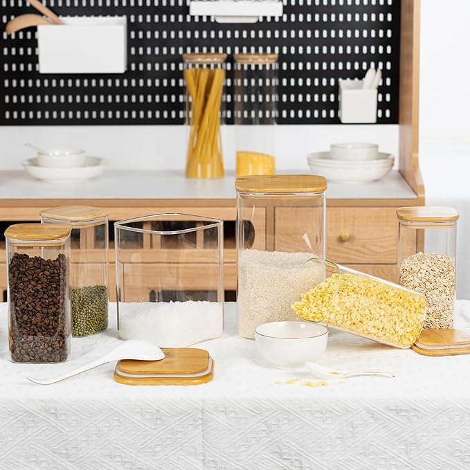 D2scrma 115oz Airtight Glass Square Storage Canister with Bamboo Lid Set of 1 (3400ml) Gallon Glass Jars Large Kitchen Canister for Sugar, Flour, Cookies and Coffee beans (‎with Black Lable)