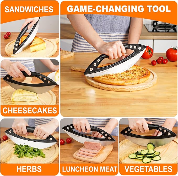 Suanyok Premium Pizza Cutter Rocker Blade with Cover, 12" Stainless Steel Large Wheel Slicer-Food Vegetable Chopper Kitchen Gadgets, Black
