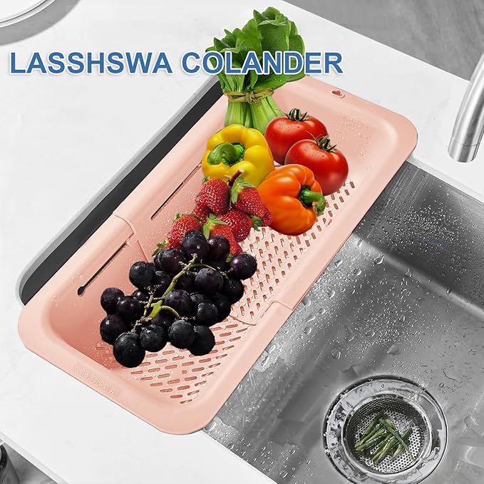 LASSHSWA Collapsible Colander for Kitchen, Over the Sink Strainer Basket for Kitchen, Fruit Pasta Food Strainer Expandable Plastic Colander BPA Free (Orange Pink)