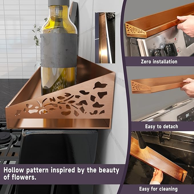 STUTOV 30" Magnetic Stove Top Shelf – Brushed Copper Spice Rack and Seasoning Organizer – Kitchen Shelf for Back of Stove – Over Stove Rack and Storage Organizer