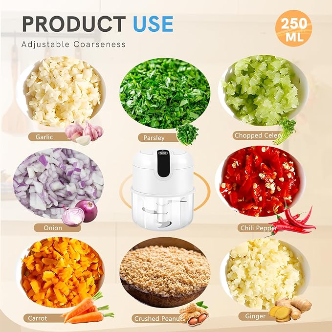 EASYSPEED Mini Electric Garlic Chopper 1Cup, Wireless USB Type-C Food Processor with 304 Stainless Steel, 3 Sharp Blades, Portable Kitchen Vegetable Grinder for Onion, Garlic, Ginger, Chili, Baby Food