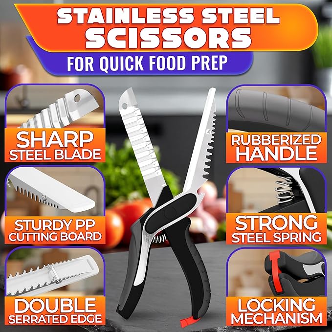 Cutting Board Scissors for Food – 6-in-1 Kitchen Shears with Ribbed Blade, Automatic Spring & Safety Lock, Dishwasher Safe – Cheese Scissors for Easy Slicing of Meat, Fish, Veggies, Fruits & Bread