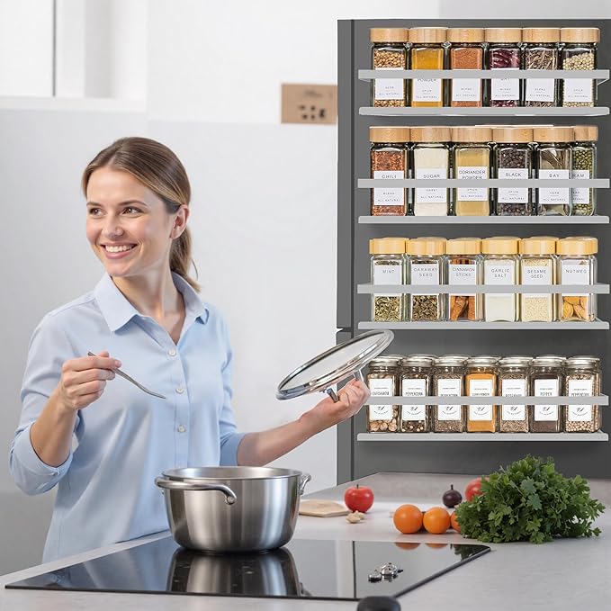 SMRCAD Magnetic Spice Rack for Refrigerator, 4pack Magnetic Shelf for Fridge Space Saving Seasoning Organizer for Any Metal Surface No Drilling Needed (GREY -cut out, 4pack)