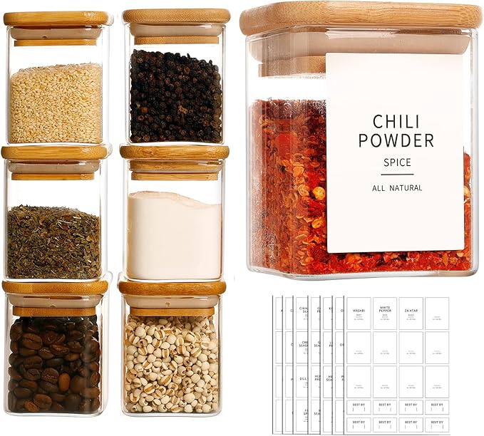 12 Pcs Square Glass Spice Jars with Natural Bamboo Lids