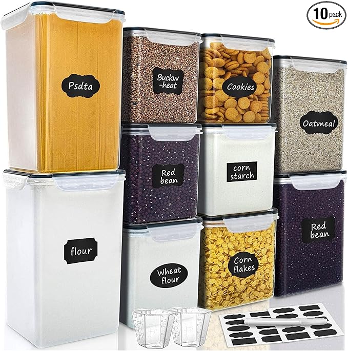 VERONES Large Tall Airtight Food Storage Containers, 10 PACK Plastic Airtight Kitchen & Pantry Organization, Ideal for Flour & Sugar Plastic Canisters with Labels