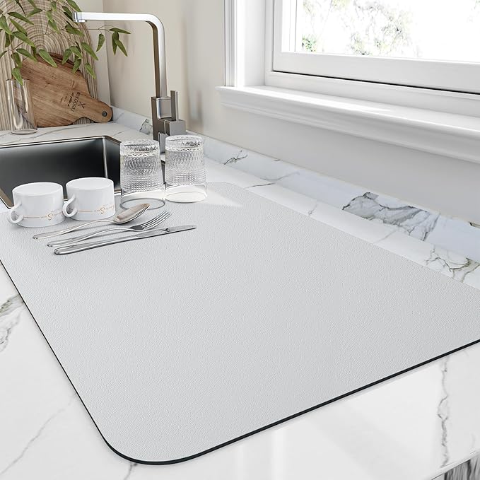 HotLive Dish Drying Mat for Kitchen Counter, Heat Resistant Drainer Mats with Non-slip Rubber Backed, Hide Stain Kitchen Super Absorbent Draining Mat, Easy to Clean Dish Rack Pad, Light Grey 18"x32"