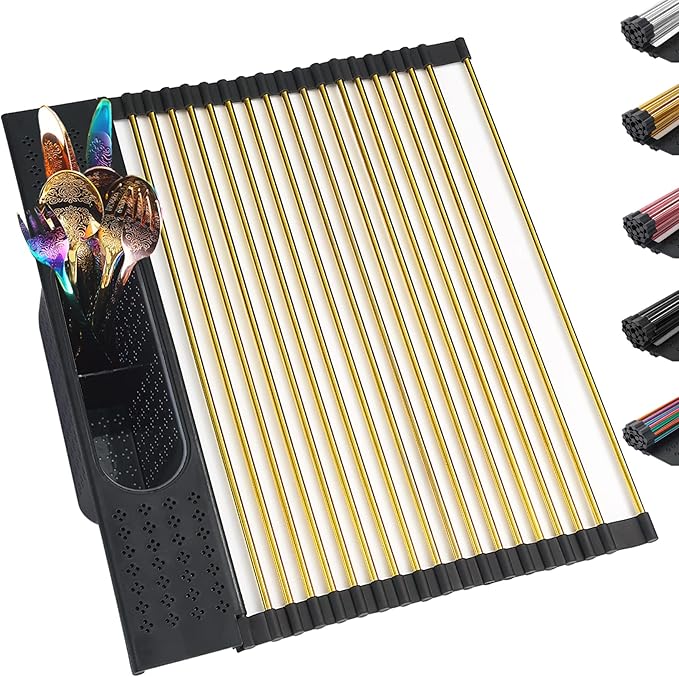 Berglander Gold Dish Drying Rack Over The Sink, L17.5*W 15" Rollable Tianium Golden Plating Stainless Steel Dish Rack with Removable Storage Basket, Perfect for Kitchen Sink