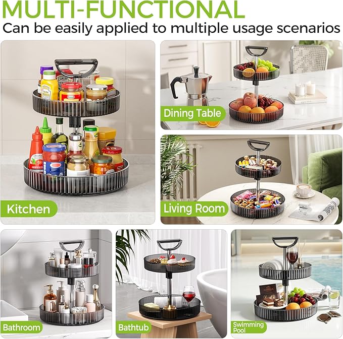 2-Tier Rotating Organizer with Handle – Adjustable Shelf, 360° Lazy Susan Turntable for Kitchen Countertop, Bathroom, Pantry – Multi-Functional Storage for Spices, Cosmetics, Snacks, Fruits