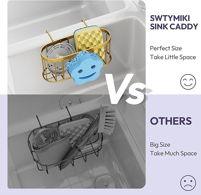 SWTYMIKI Sponge Holder for Kitchen Sink - Movable Sink Caddy with Smiley Face Sponge Holder, Rustproof Hanging Sponge Organizer in Double Bowl Sinks Depth>3.15in, Middle Divider<1.5in, Gold